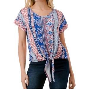 NEW VAVA camile front tie top in blue ethnic